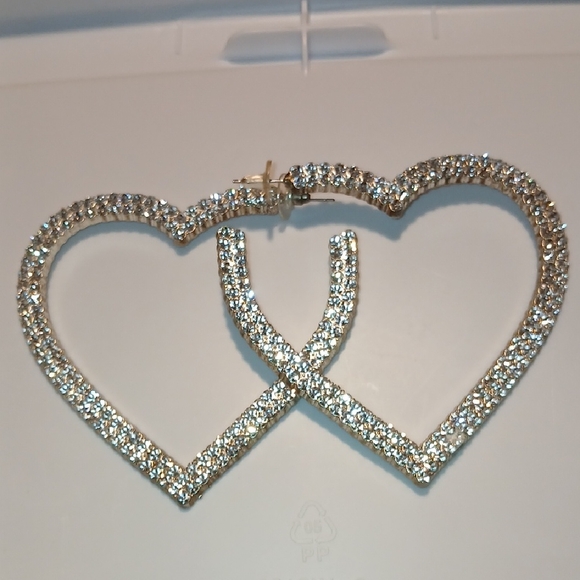 HEART SHAPED Large Pierced Earrings, Rhinestones And Silvertone - Picture 1 of 6